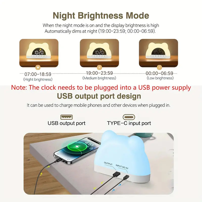 1pc Cute Bear Shaped Wake Up Light Alarm Clock with Colorful Dynamic RGB Night Light/Color Adjustable,