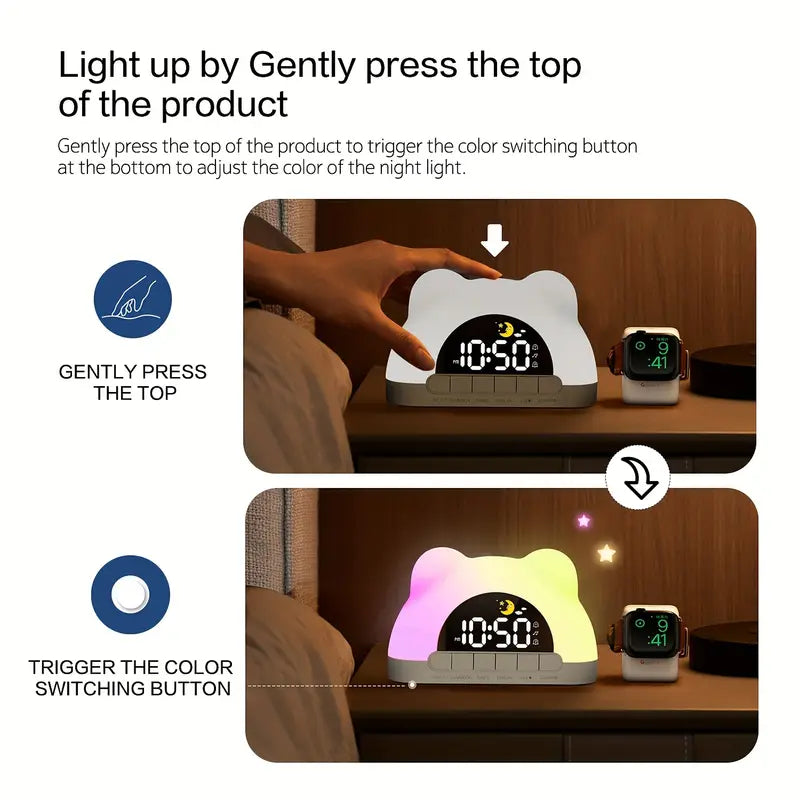 1pc Cute Bear Shaped Wake Up Light Alarm Clock with Colorful Dynamic RGB Night Light/Color Adjustable,