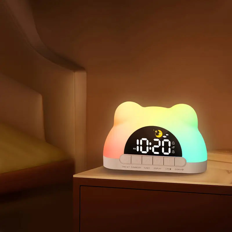 1pc Cute Bear Shaped Wake Up Light Alarm Clock with Colorful Dynamic RGB Night Light/Color Adjustable,